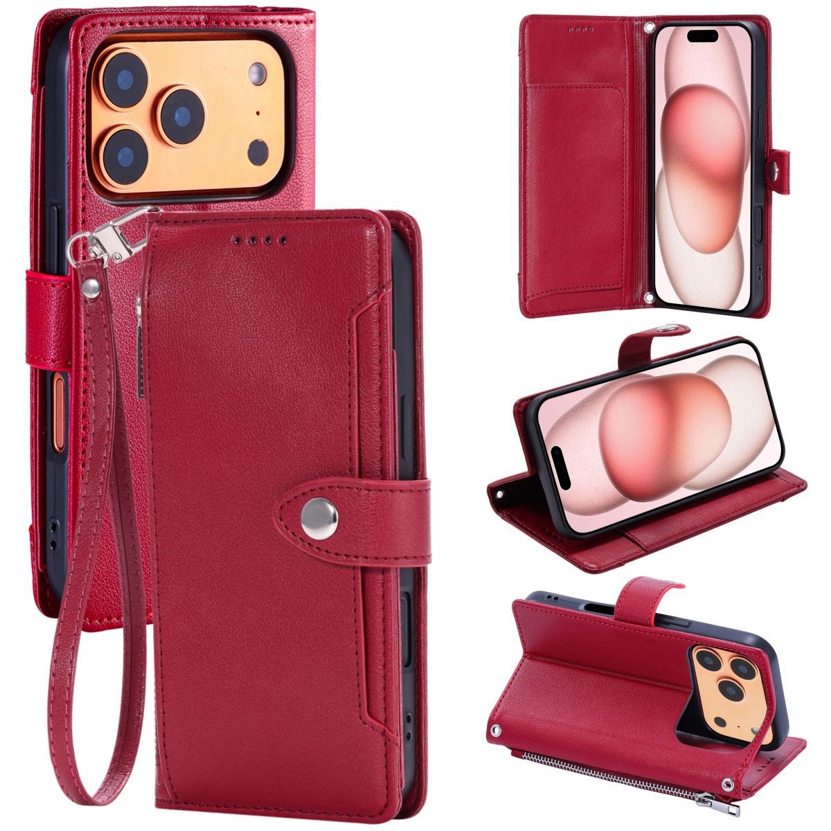 Compatible with iPhone 18 Pro & 17 Pro Litchi Texture Zipper Wallet Buckle Vegan Leather Phone Case with Wrist Strap - Red