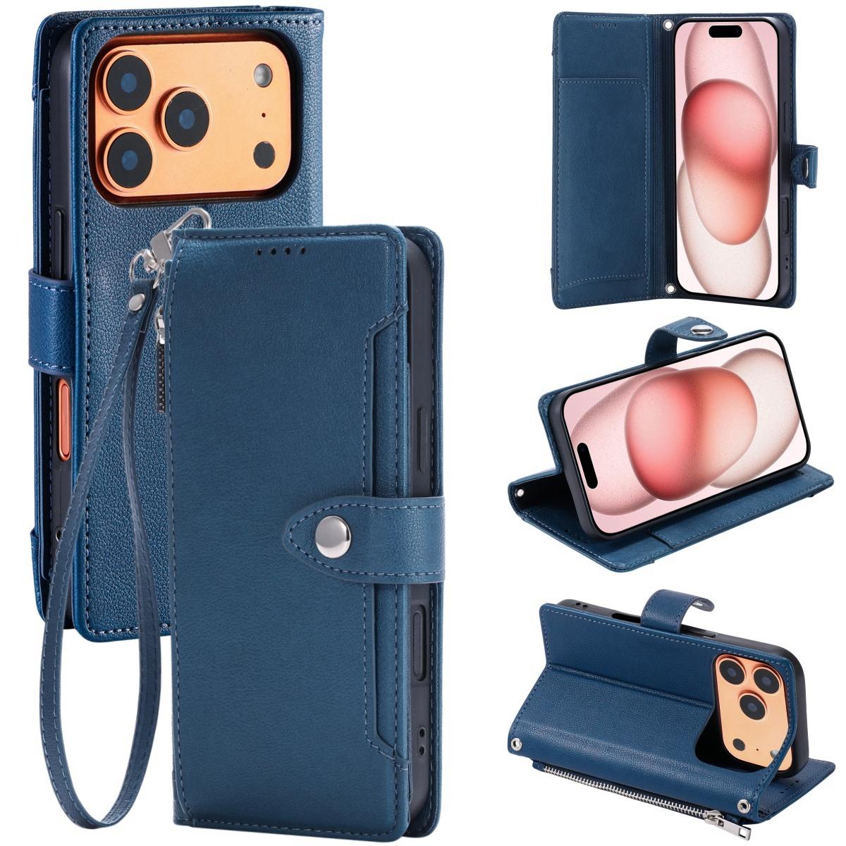Compatible with iPhone 18 Pro & 17 Pro Litchi Texture Zipper Wallet Buckle Vegan Leather Phone Case with Wrist Strap - Blue
