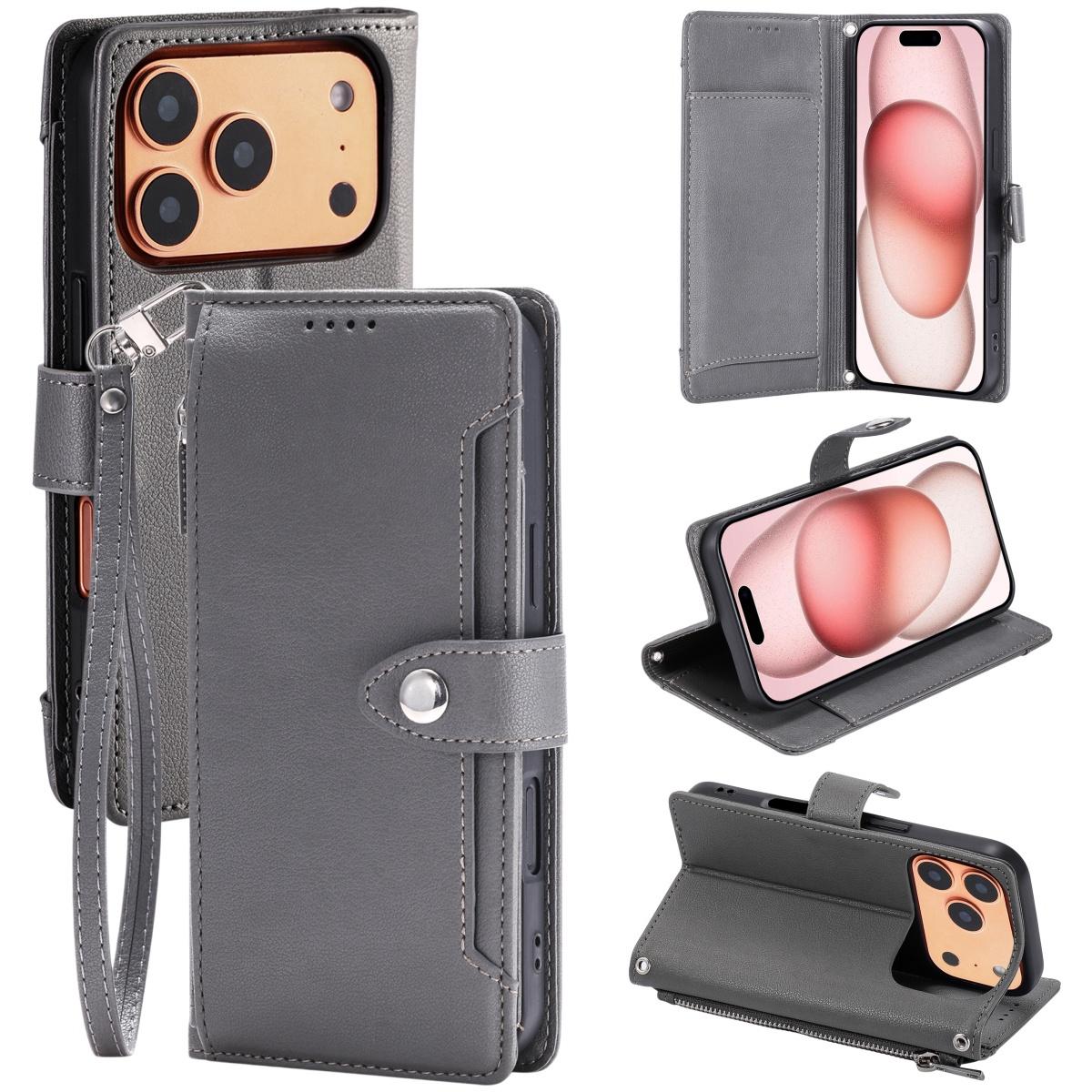 Compatible with iPhone 18 Pro & 17 Pro Litchi Texture Zipper Wallet Buckle Vegan Leather Phone Case with Wrist Strap - Grey