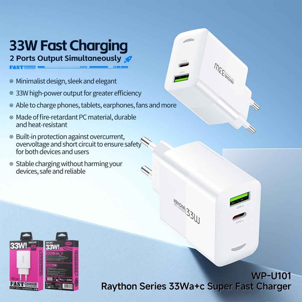 Uniqbuy For WK WP-U101 Raython Series 33W USB and Type-C Fast Charger, EU Plug(White)