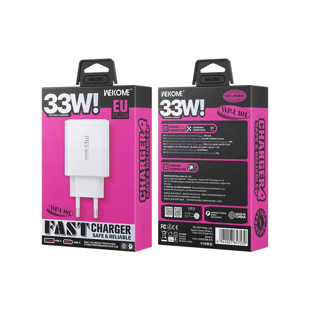 Uniqbuy For WK WP-U101 Raython Series 33W USB and Type-C Fast Charger, EU Plug(White)