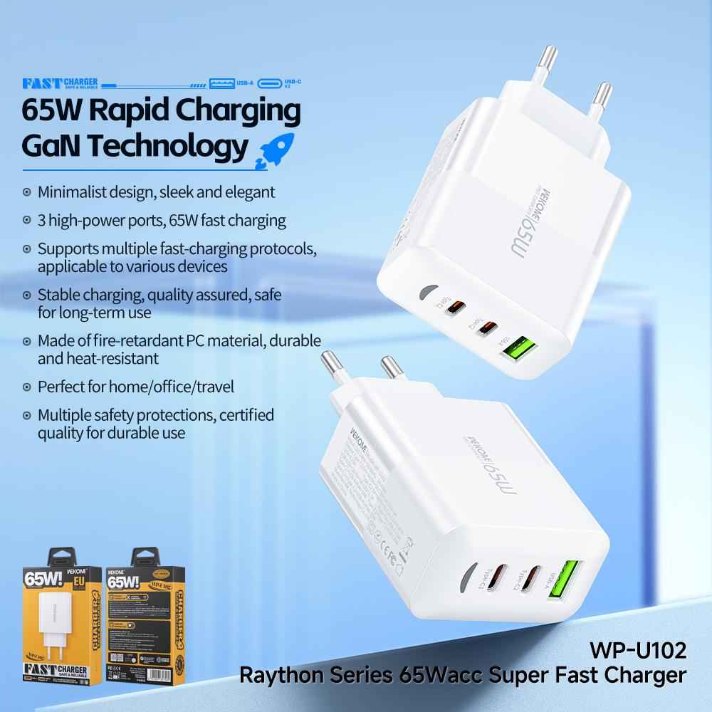 Uniqbuy For WK WP-U102 Raython Series 65W USB and Type-Cx2 Fast Charger, EU Plug(White)