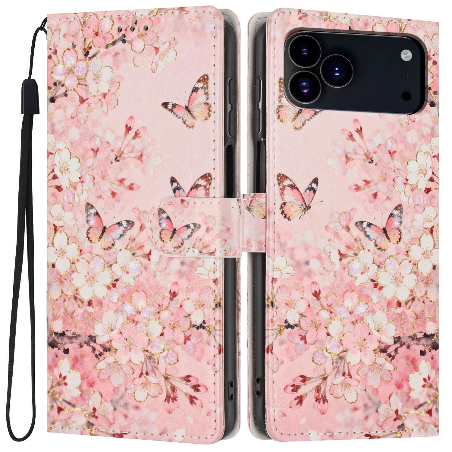 Compatible with iPhone 18 Pro Colorful Painting Vegan Leather Phone Case with Lanyard - Pink Flower Butterfly