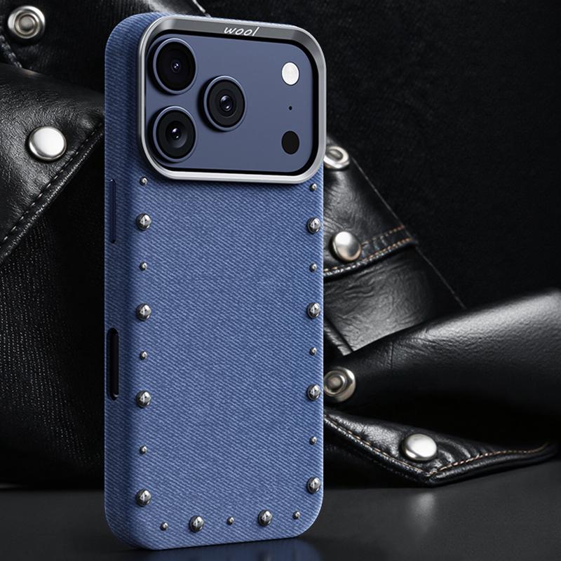 Compatible with iPhone 18 Pro & 17 Pro Rivet Series Denim Texture Full Coverage Magnetic Phone Case - Dark Blue