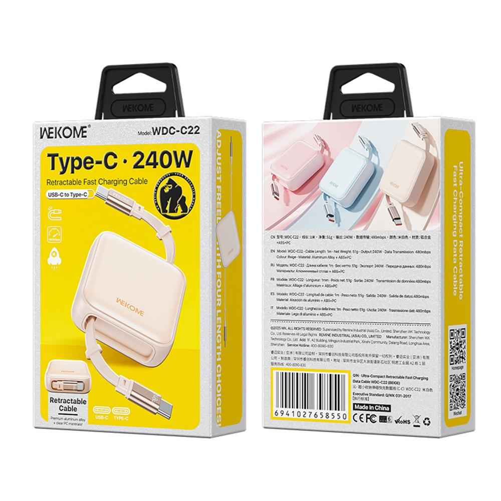 Uniqbuy For WK WDC-C22 240W Type-C to Type-C Ultra-Compact Retractable Fast Charging Data Cable, Length:1m(Beige)