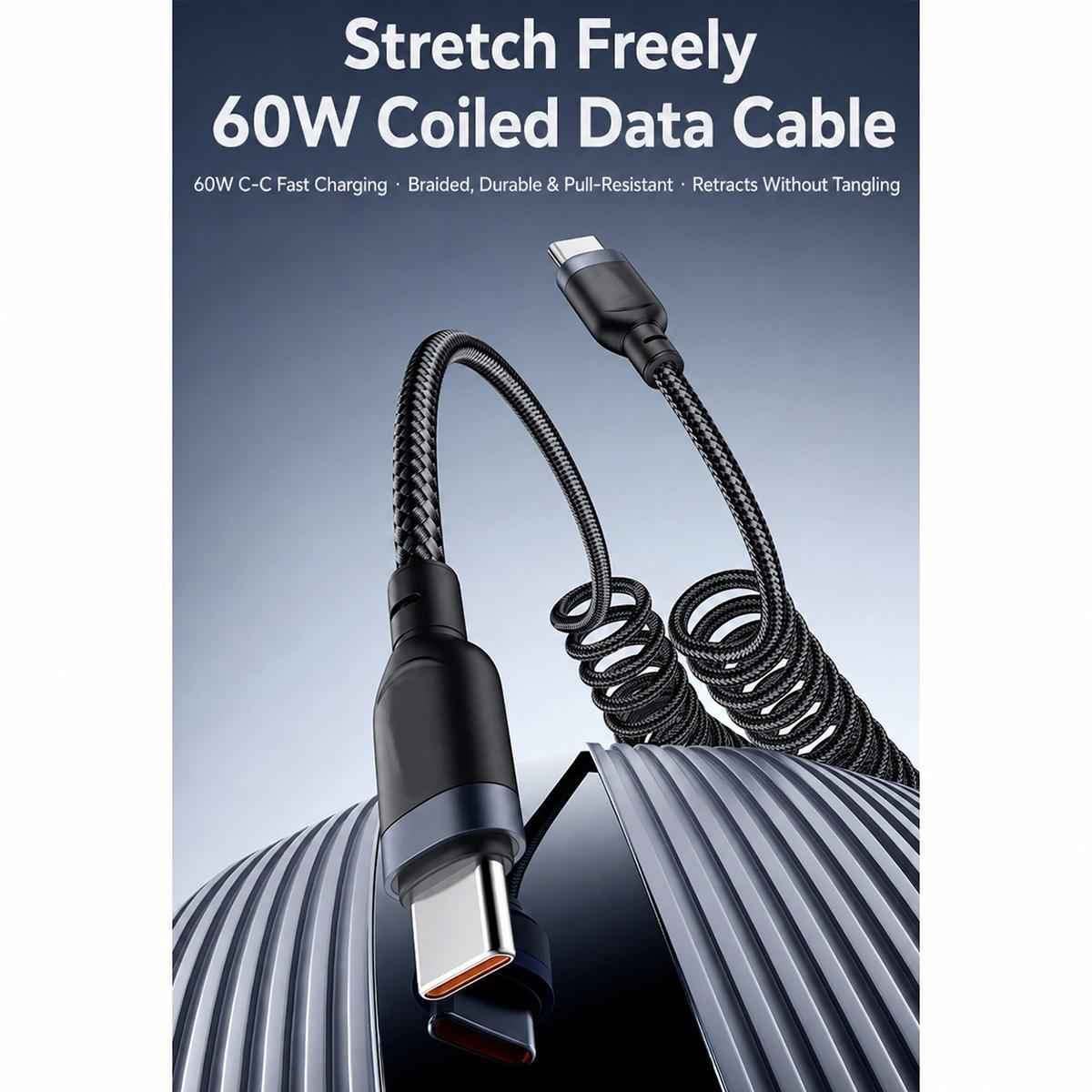 Uniqbuy For Yesido CA205 USB-C / Type-C to USB-C / Type-C Spring Charging Data Cable With Black cable tie, Length: 1.5m(Black)