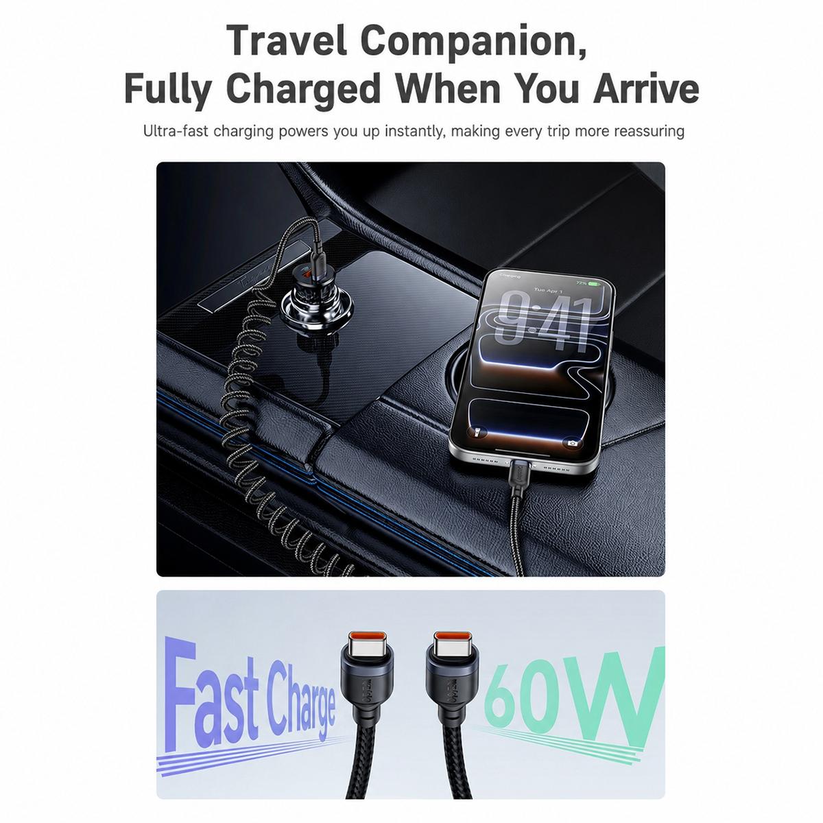 Yesido CA205 USB-C / Type-C to USB-C / Type-C Spring Charging Data Cable With Black cable tie, Length: 1.5m(Black)