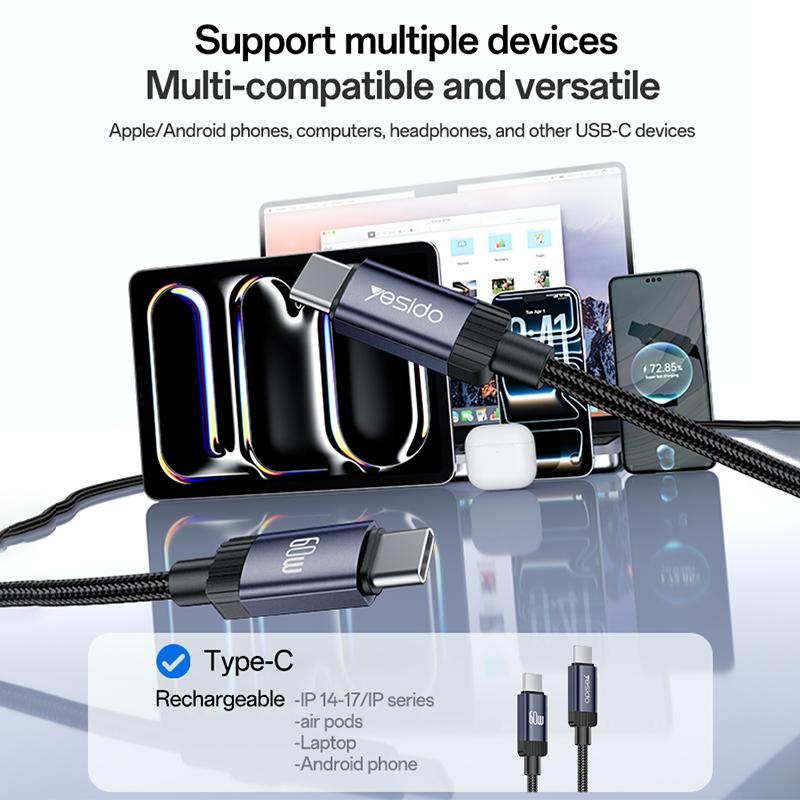 Yesido CA204 PD60W USB-C / Type-C to USB-C / Type-C Braided Data Cable, Length:1m(Gun Grey)