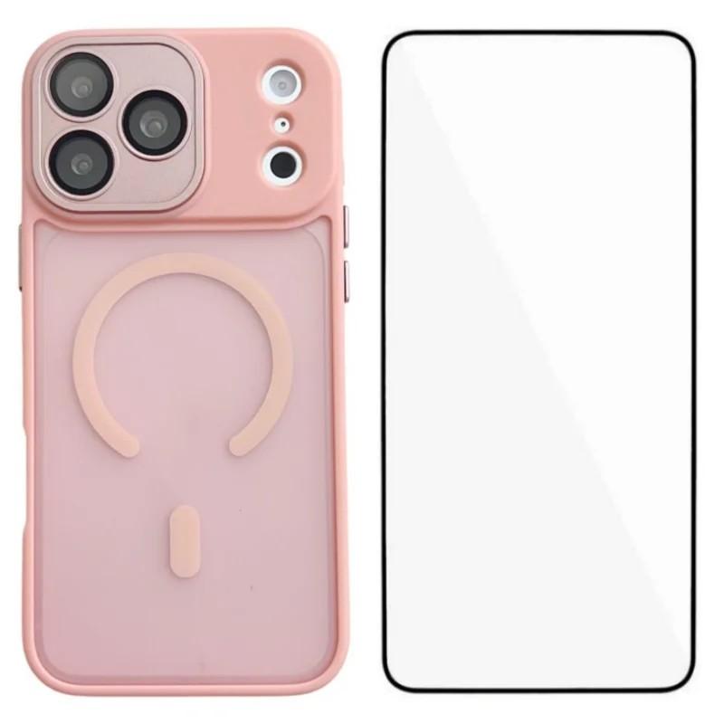 Compatible with iPhone 18 Pro WANLONFENG Skin-feel Magnetic PC Dual-Layer TPU Phone Case with Screen Protector - Pink