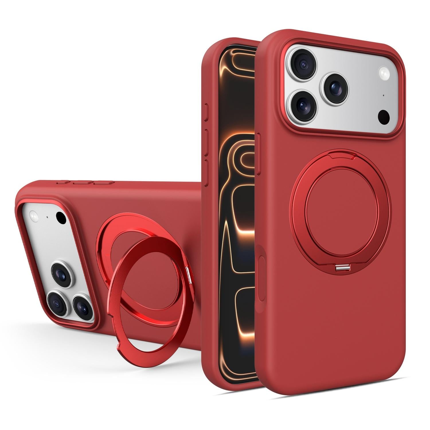 Compatible with iPhone 18 Pro & 17 Pro Liquid Silicone Magnetic Phone Case with Rotating Stand - Red