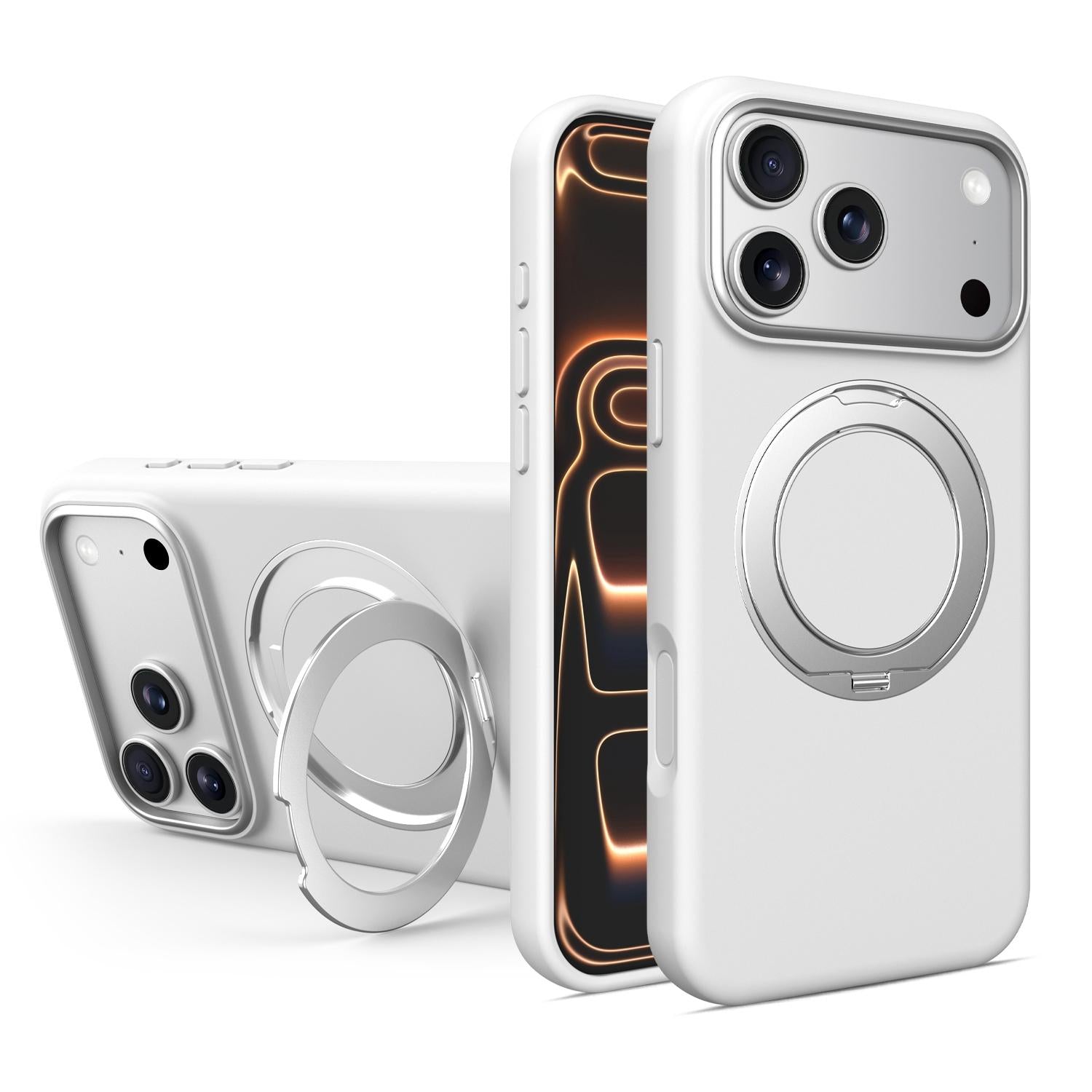 Compatible with iPhone 18 Pro & 17 Pro Liquid Silicone Magnetic Phone Case with Rotating Stand - White