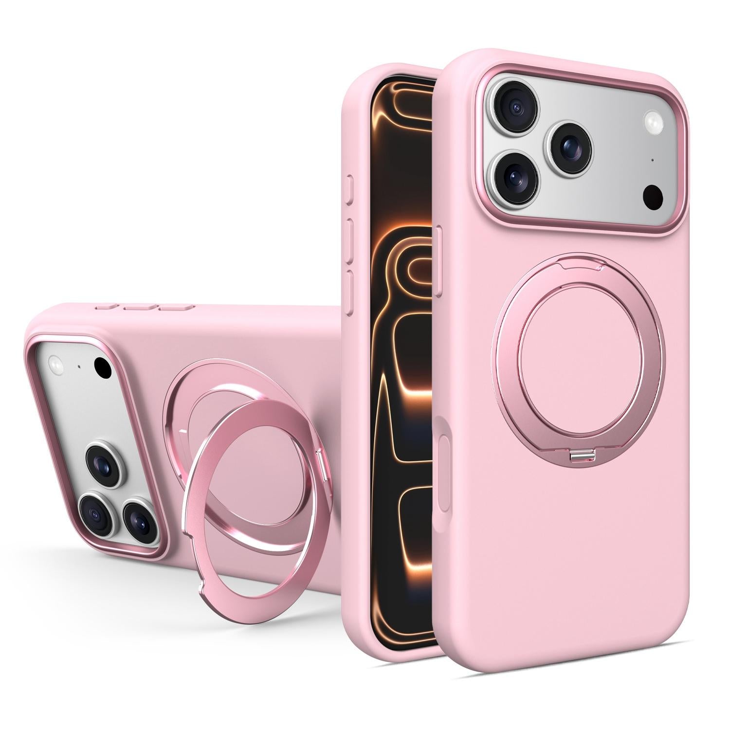 Compatible with iPhone 18 Pro & 17 Pro Liquid Silicone Magnetic Phone Case with Rotating Stand - Pink
