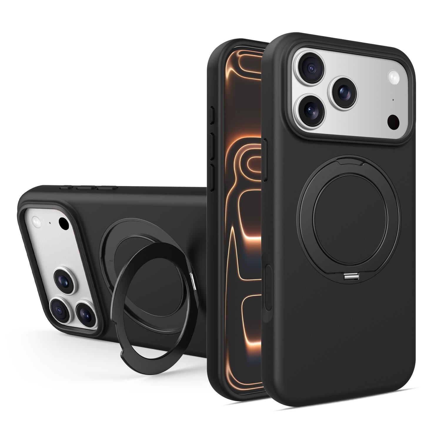 Compatible with iPhone 18 Pro & 17 Pro Liquid Silicone Magnetic Phone Case with Rotating Stand - Black