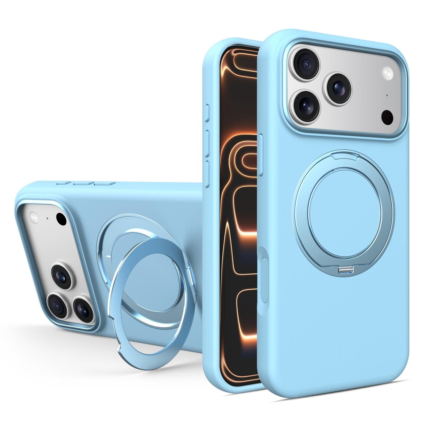 Compatible with iPhone 18 Pro & 17 Pro Liquid Silicone Magnetic Phone Case with Rotating Stand - Sky Blue