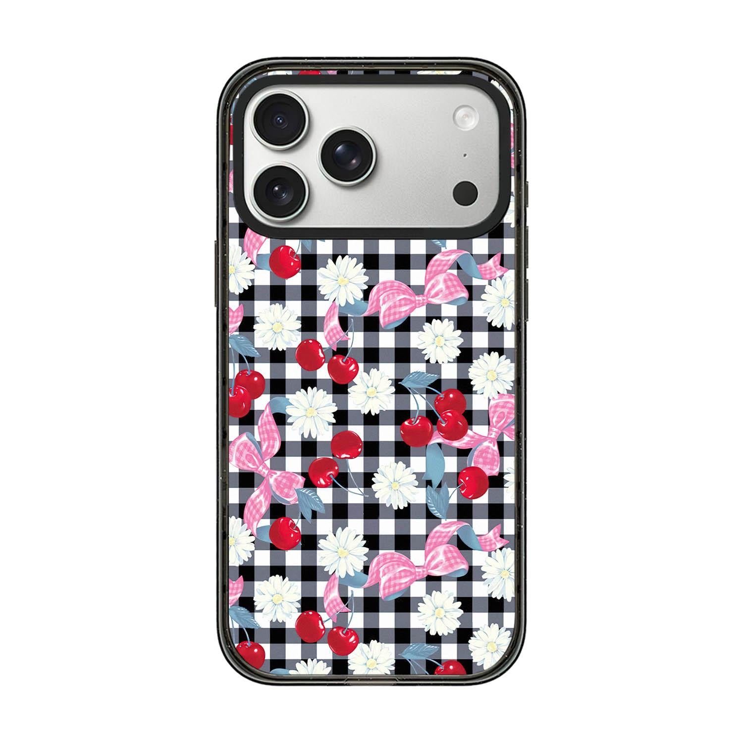Compatible with iPhone 18 Pro & 17 Pro Cherry Plaid Acrylic TPU Phone Case - Sweet Cool Black Cherry