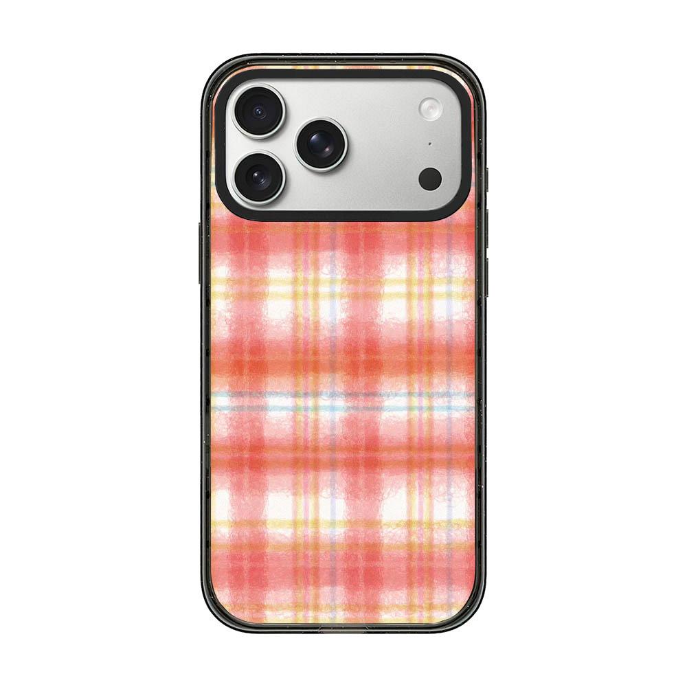 Compatible with iPhone 18 Pro & 17 Pro Felt Checkered Floral Acrylic TPU Phone Case - Pink Orange Watercolor Plaid