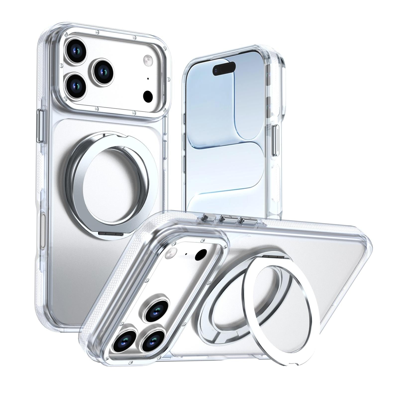 Compatible with iPhone 18 Pro Dual Color Clear 360 Degree Rotation Holder Magnetic Phone Case - White