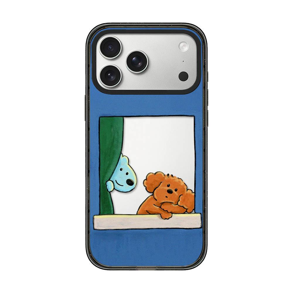 Compatible with iPhone 18 Pro & 17 Pro Cute Dog Pattern Acrylic TPU Phone Case - Window Blue Dog and Brown Dog