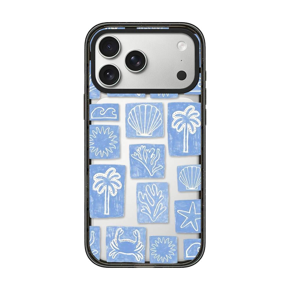 Compatible with iPhone 18 Pro & 17 Pro Seashell Bow Transparent Acrylic TPU Phone Case - Blue White Ocean Block