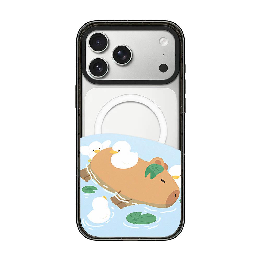 Compatible with iPhone 18 Pro & 17 Pro Cute Capybara Cartoon Print Magnetic Acrylic TPU Phone Case - Pond Capybara Ducklings