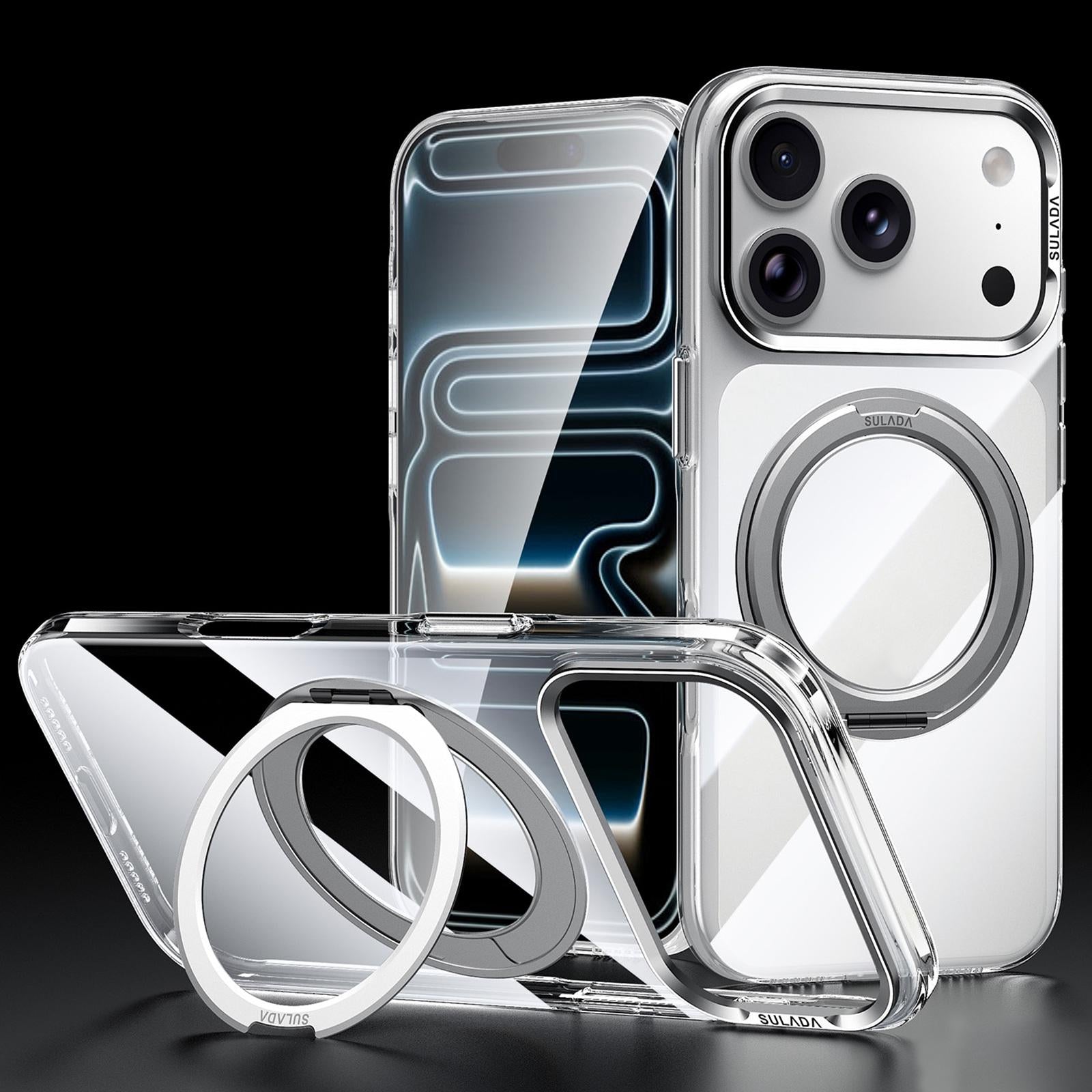 Compatible with iPhone 18 Pro SULADA 360 Degree Rotation Magnetic Holder Clear PC Phone Case - Transparent