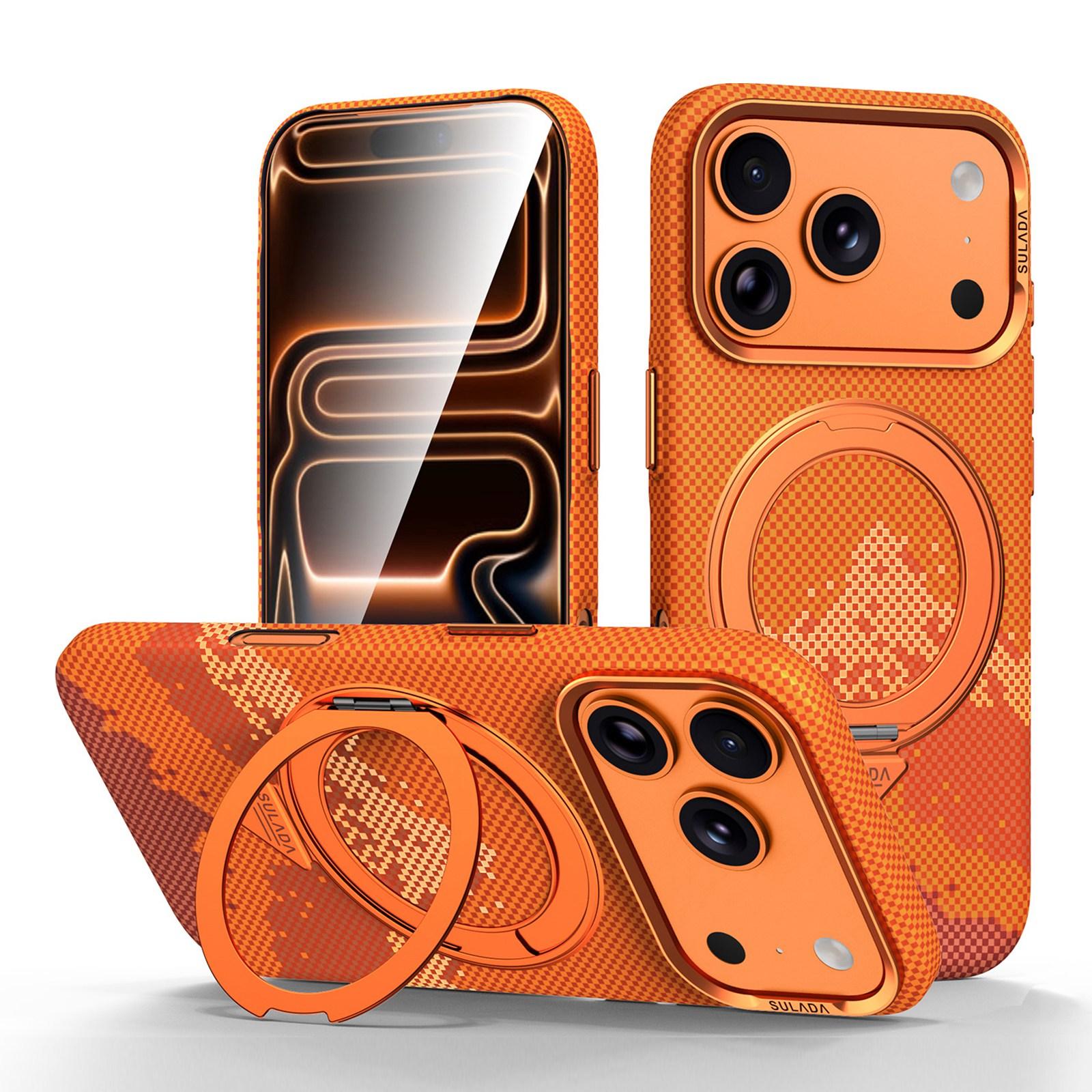 Compatible with iPhone 18 Pro SULADA Kevlar Pixel Grid Texture Rotation Magnetic Holder Phone Case - Orange