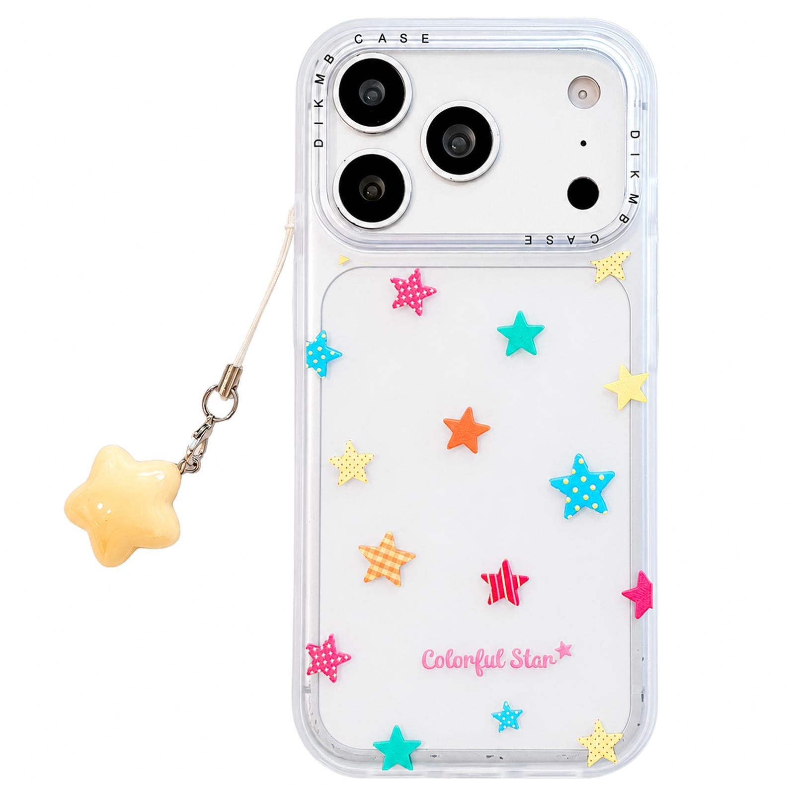 Compatible with iPhone 18 Pro & 17 Pro Skin Feel Frosted Cartoon Sticker Acrylic Phone Case with Pendant - Colorful Stars
