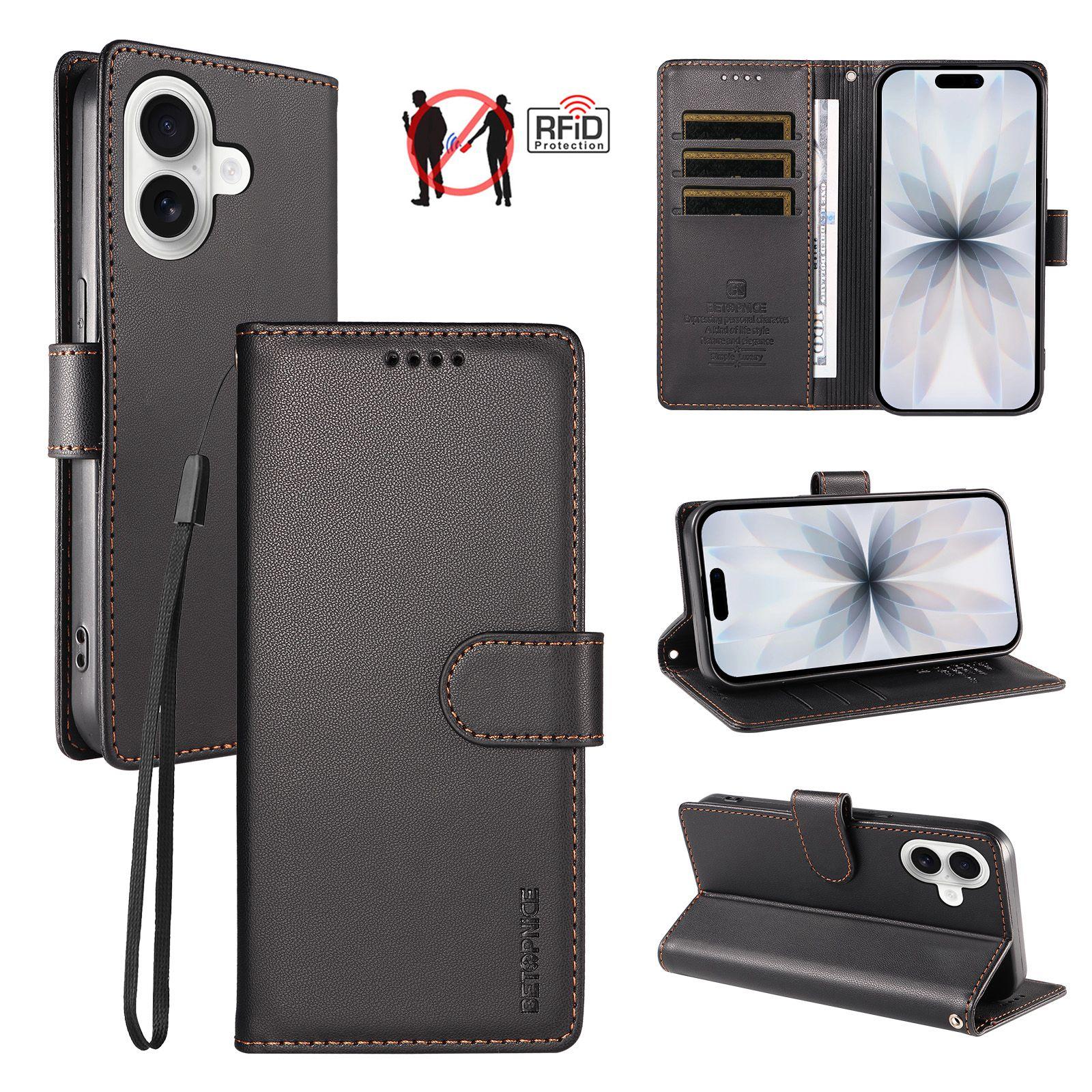 Compatible with iPhone 18 BETOPNICE Pearlescent RFID Vegan Leather Phone Case with Strap - Black