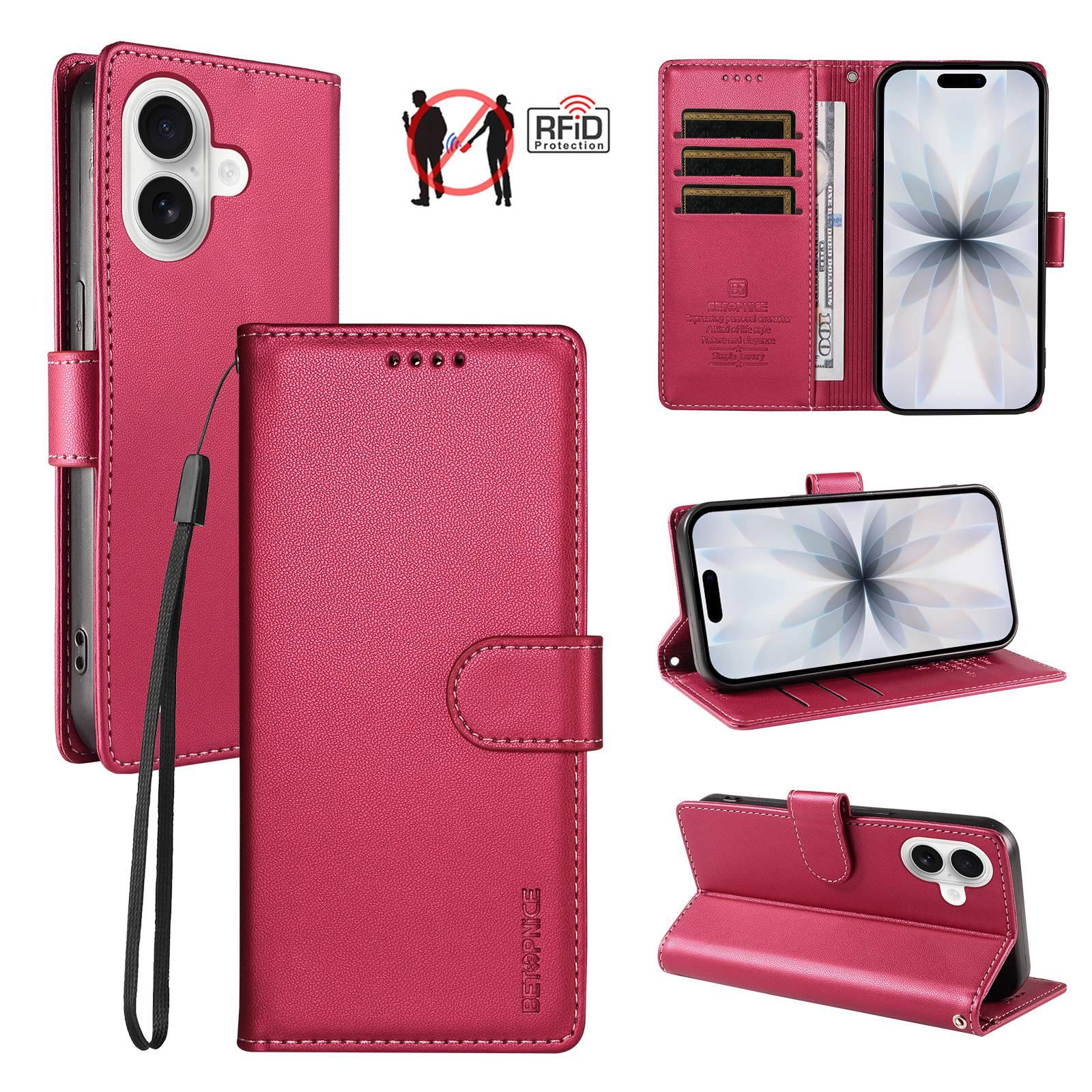 Compatible with iPhone 18 BETOPNICE Pearlescent RFID Vegan Leather Phone Case with Strap - Red
