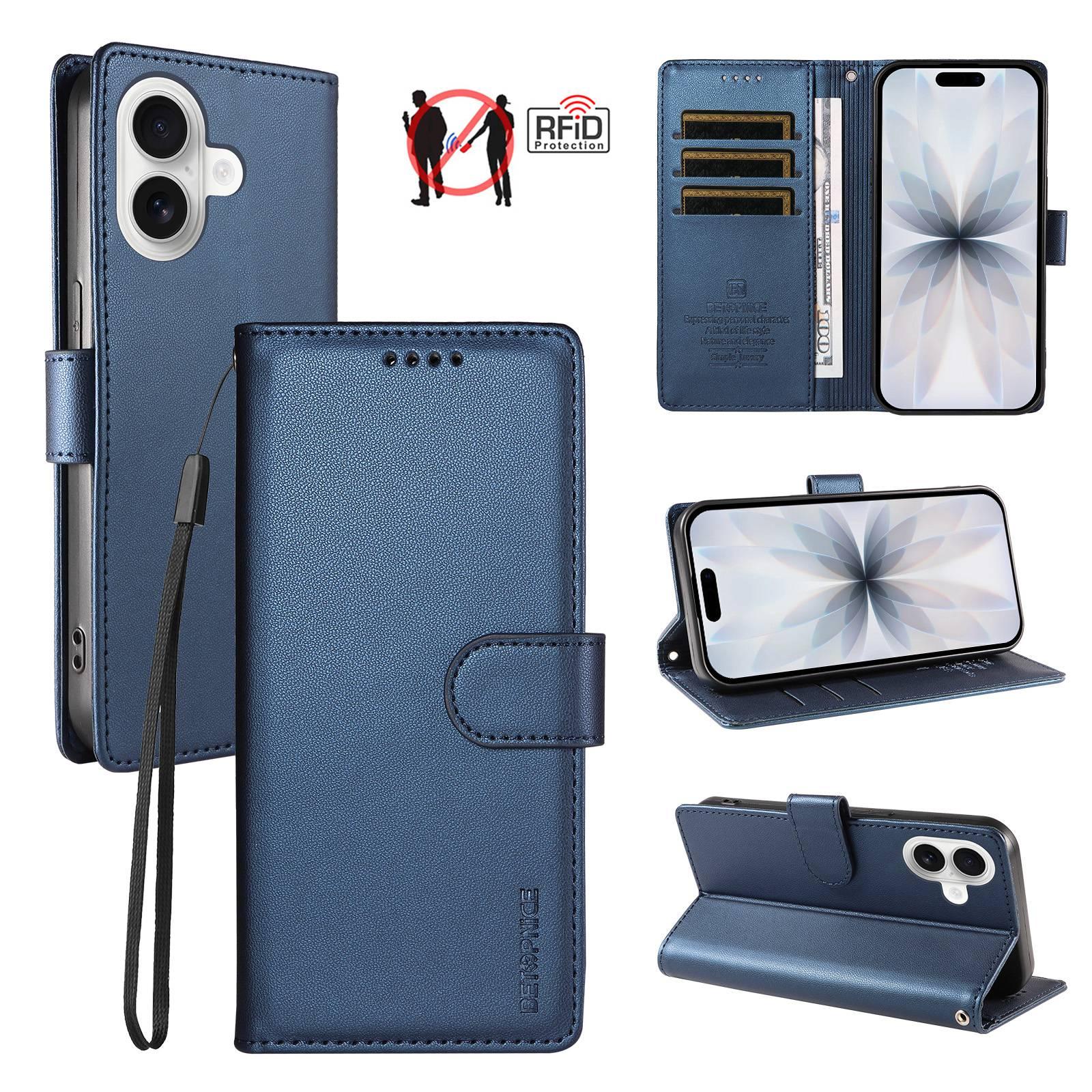 Compatible with iPhone 18 BETOPNICE Pearlescent RFID Vegan Leather Phone Case with Strap - Blue