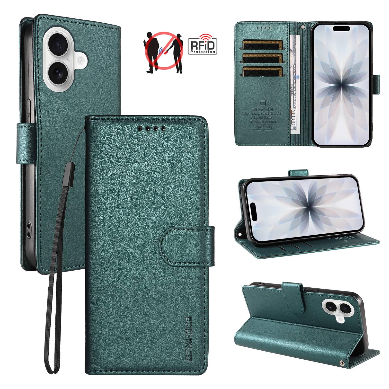 Compatible with iPhone 18 BETOPNICE Pearlescent RFID Vegan Leather Phone Case with Strap - Green