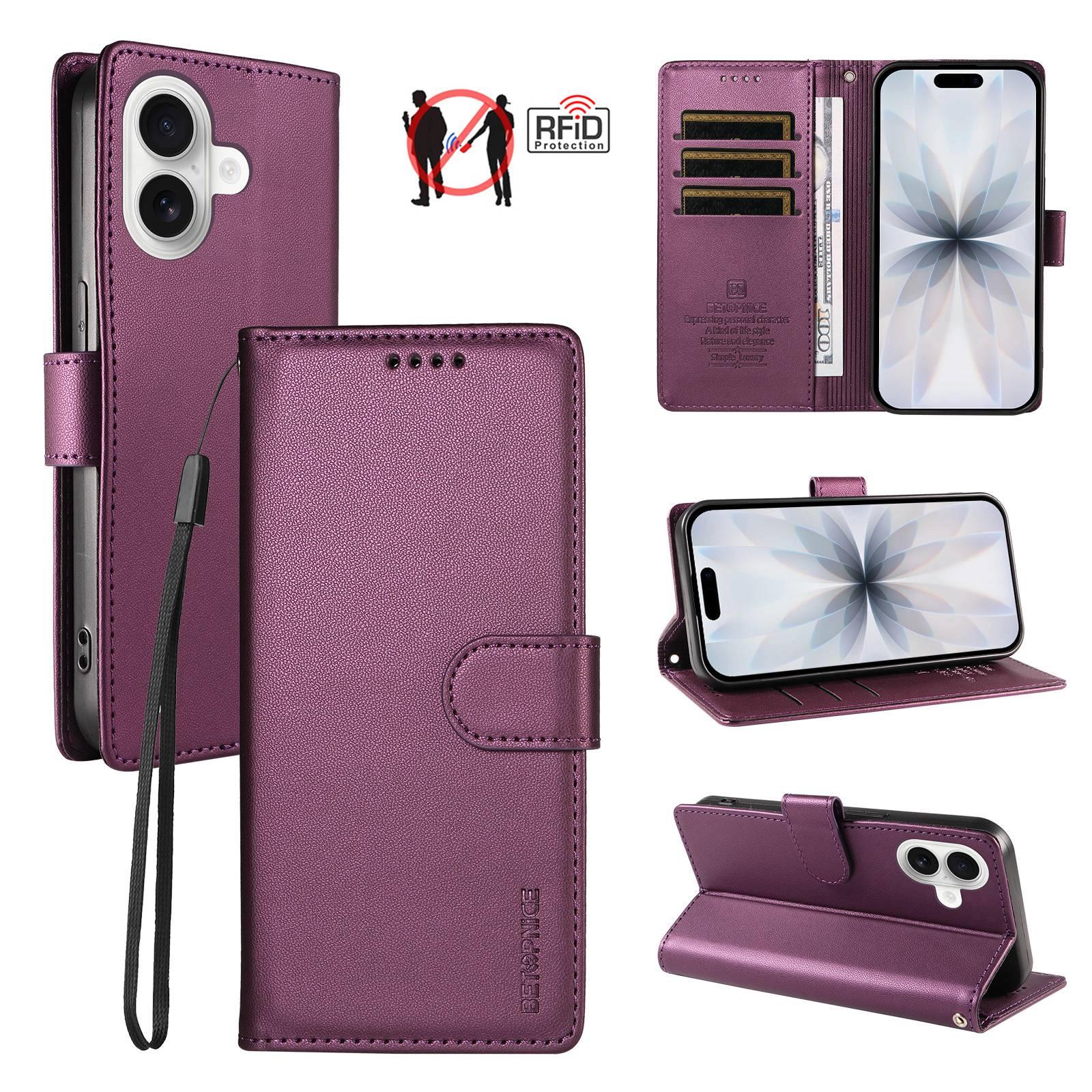 Compatible with iPhone 18 BETOPNICE Pearlescent RFID Vegan Leather Phone Case with Strap - Purple