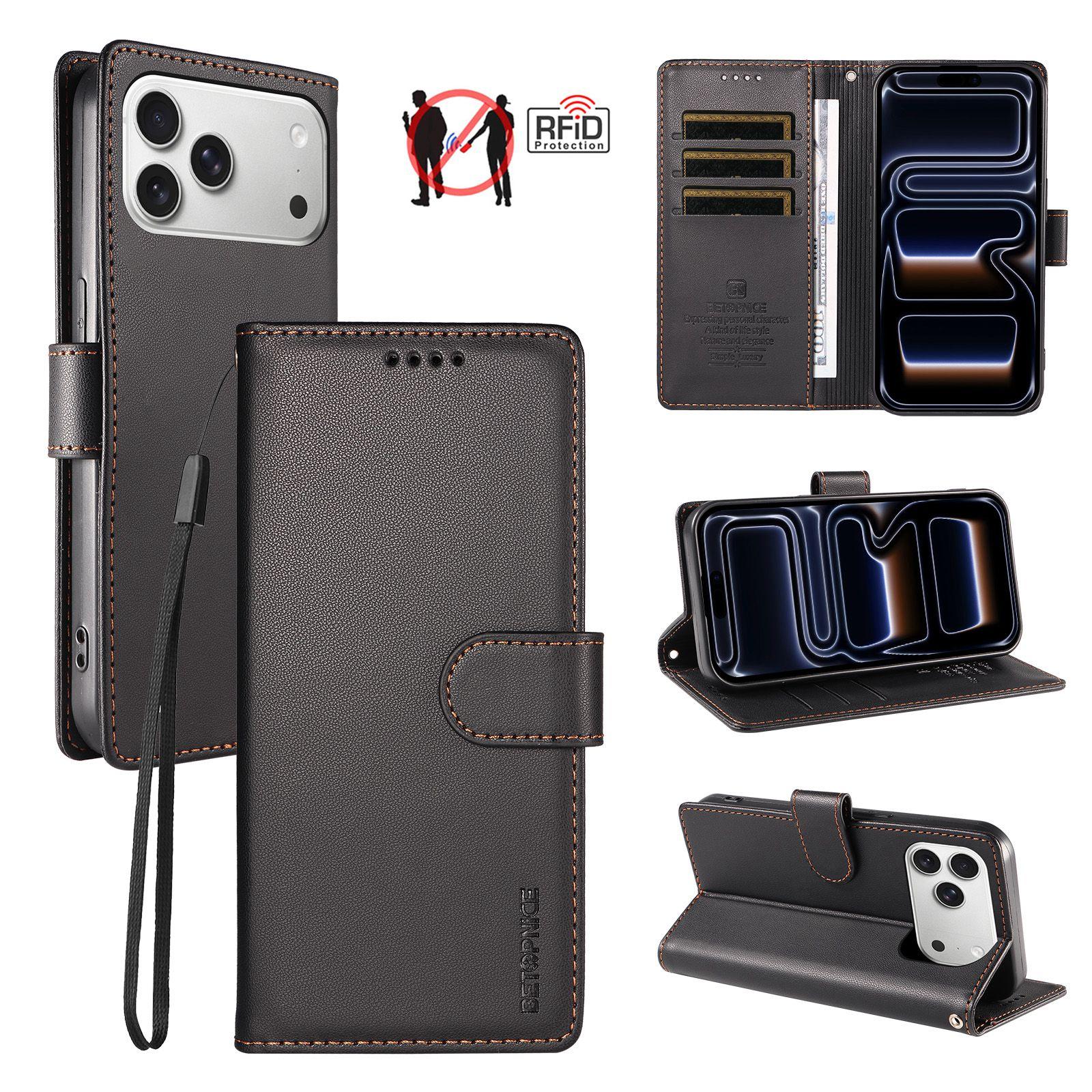 Compatible with iPhone 18 Pro BETOPNICE Pearlescent RFID Vegan Leather Phone Case with Strap - Black