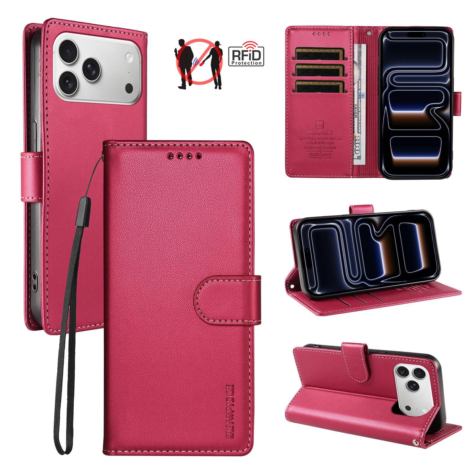 Compatible with iPhone 18 Pro BETOPNICE Pearlescent RFID Vegan Leather Phone Case with Strap - Red