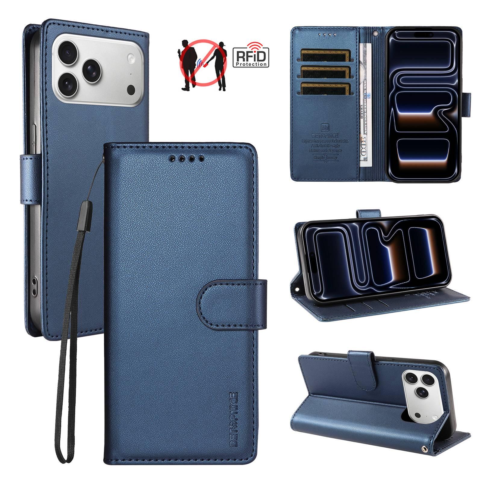 Compatible with iPhone 18 Pro BETOPNICE Pearlescent RFID Vegan Leather Phone Case with Strap - Blue