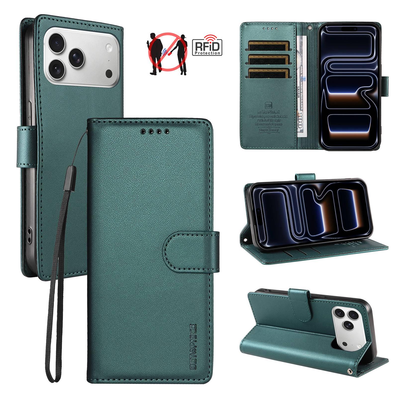 Compatible with iPhone 18 Pro BETOPNICE Pearlescent RFID Vegan Leather Phone Case with Strap - Green