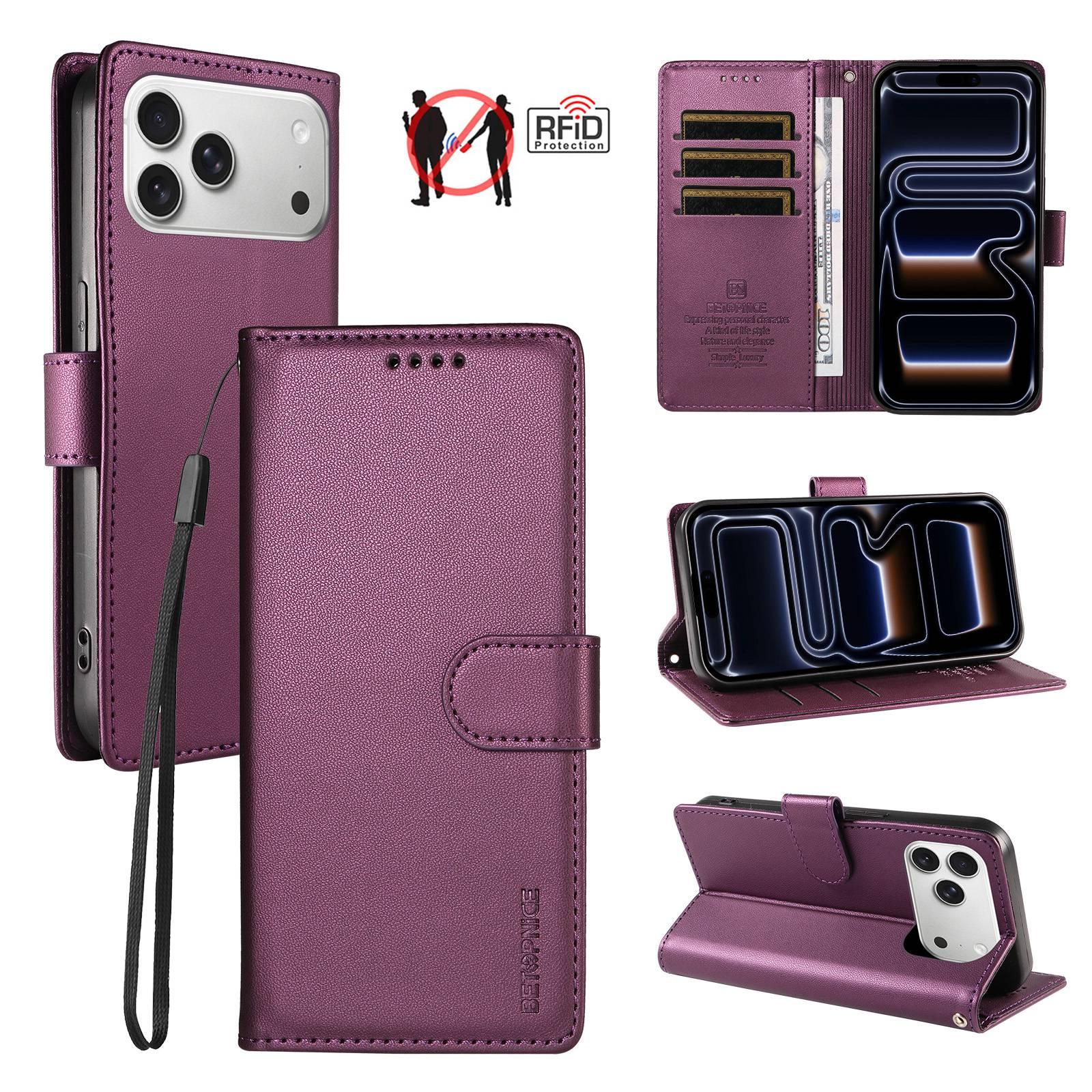 Compatible with iPhone 18 Pro BETOPNICE Pearlescent RFID Vegan Leather Phone Case with Strap - Purple