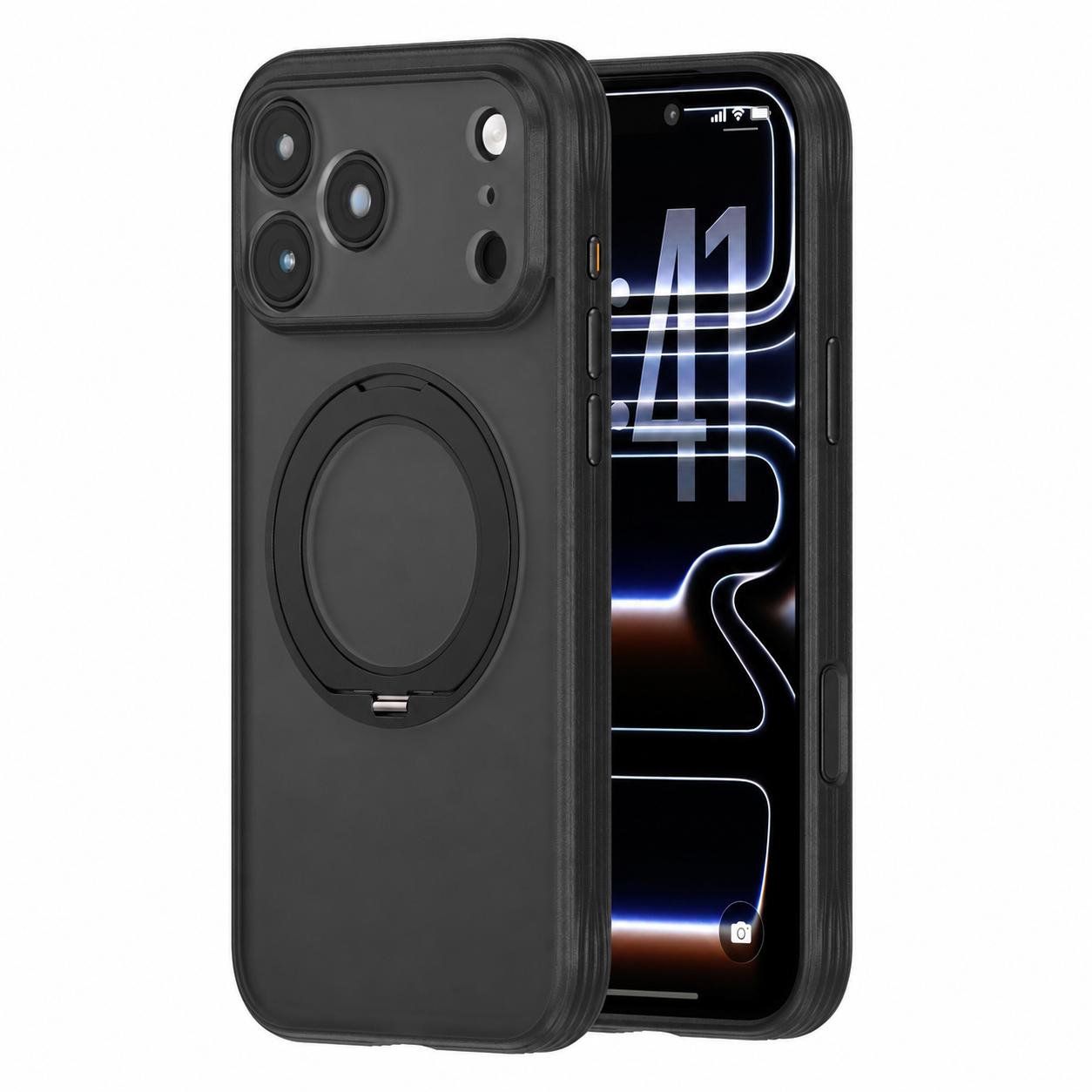 Compatible with iPhone 18 Pro Textured Non-slip Shockproof Magnetic Phone Case with Holder - Black