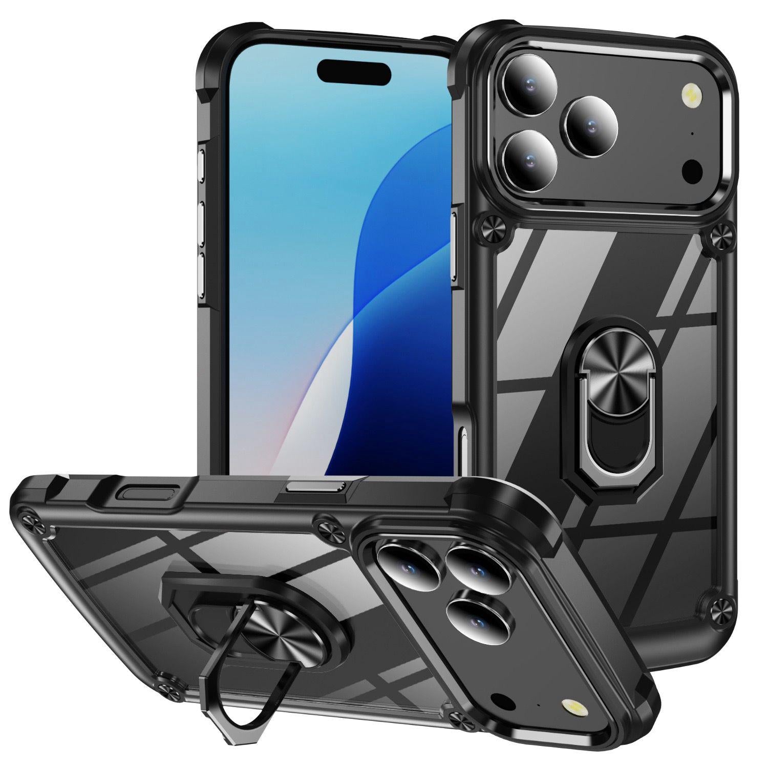 Compatible with iPhone 18 Pro TPU + PC Lens Protection Phone Case with Ring Holder - Black