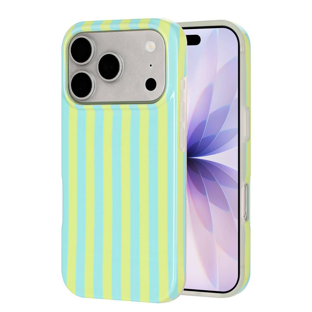 Compatible with iPhone 18 Pro Full Coverage IMD Printed Vertical Stripes TPU Phone Case - Yellow Green