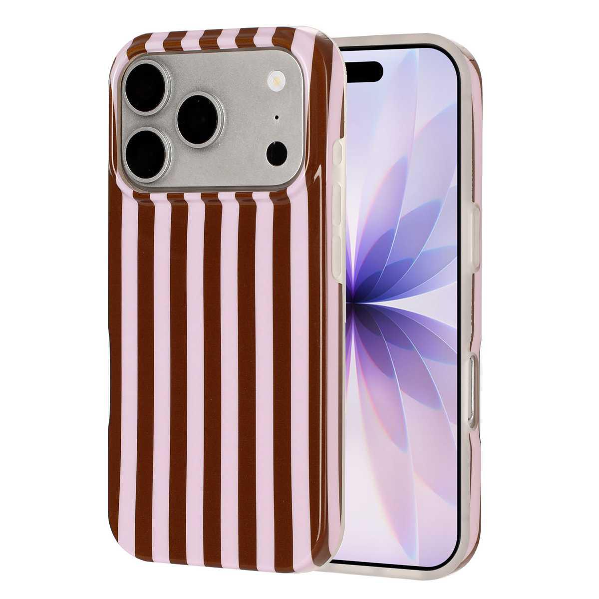 Compatible with iPhone 18 Pro Full Coverage IMD Printed Vertical Stripes TPU Phone Case - Coffee