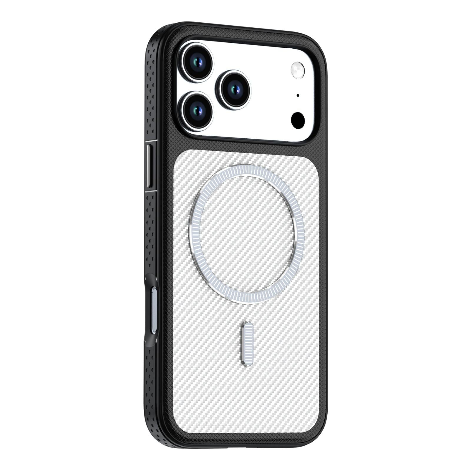 Compatible with iPhone 18 Pro Carbon Fiber Texture Vegan Leather Magnetic Phone Case - White