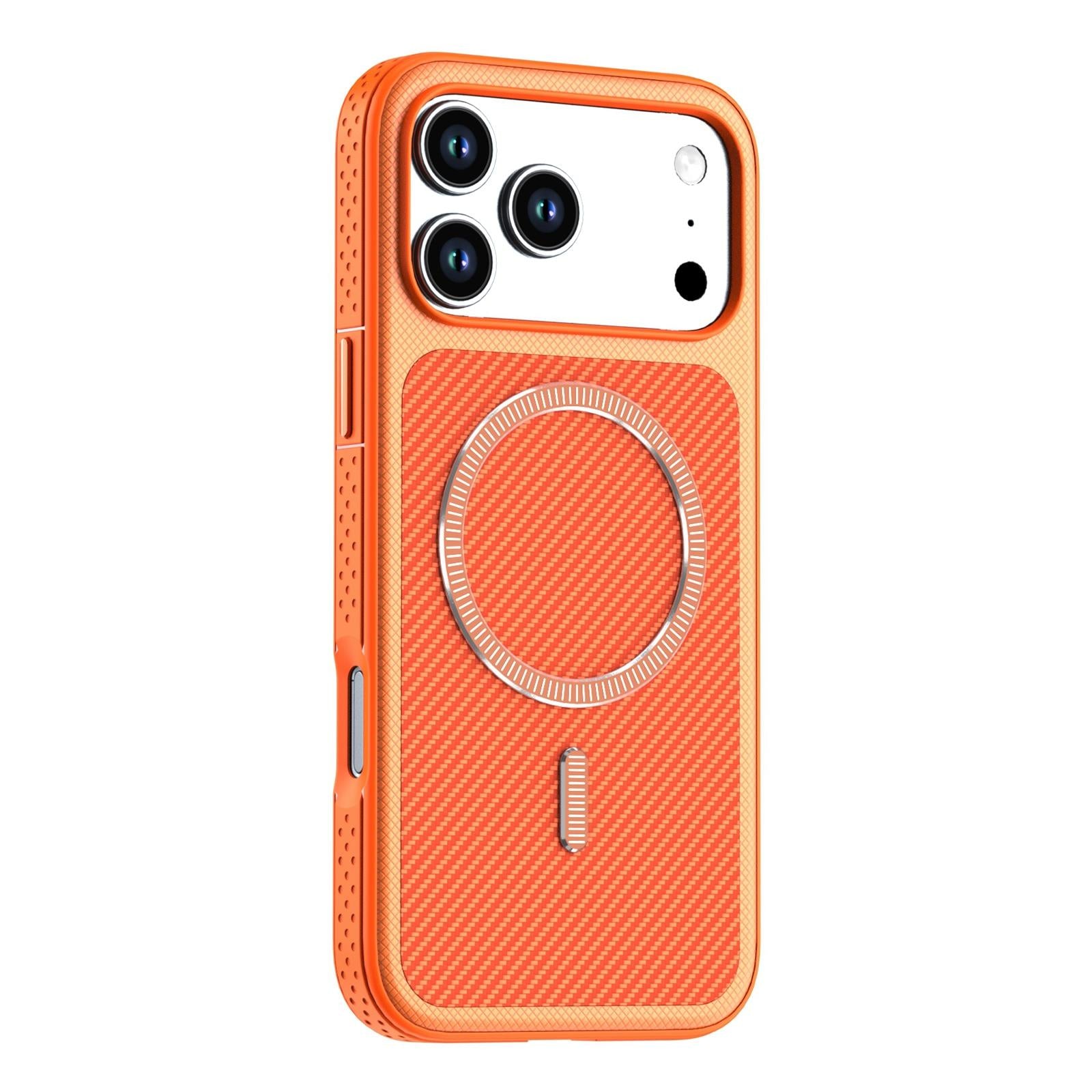 Compatible with iPhone 18 Pro Carbon Fiber Texture Vegan Leather Magnetic Phone Case - Orange