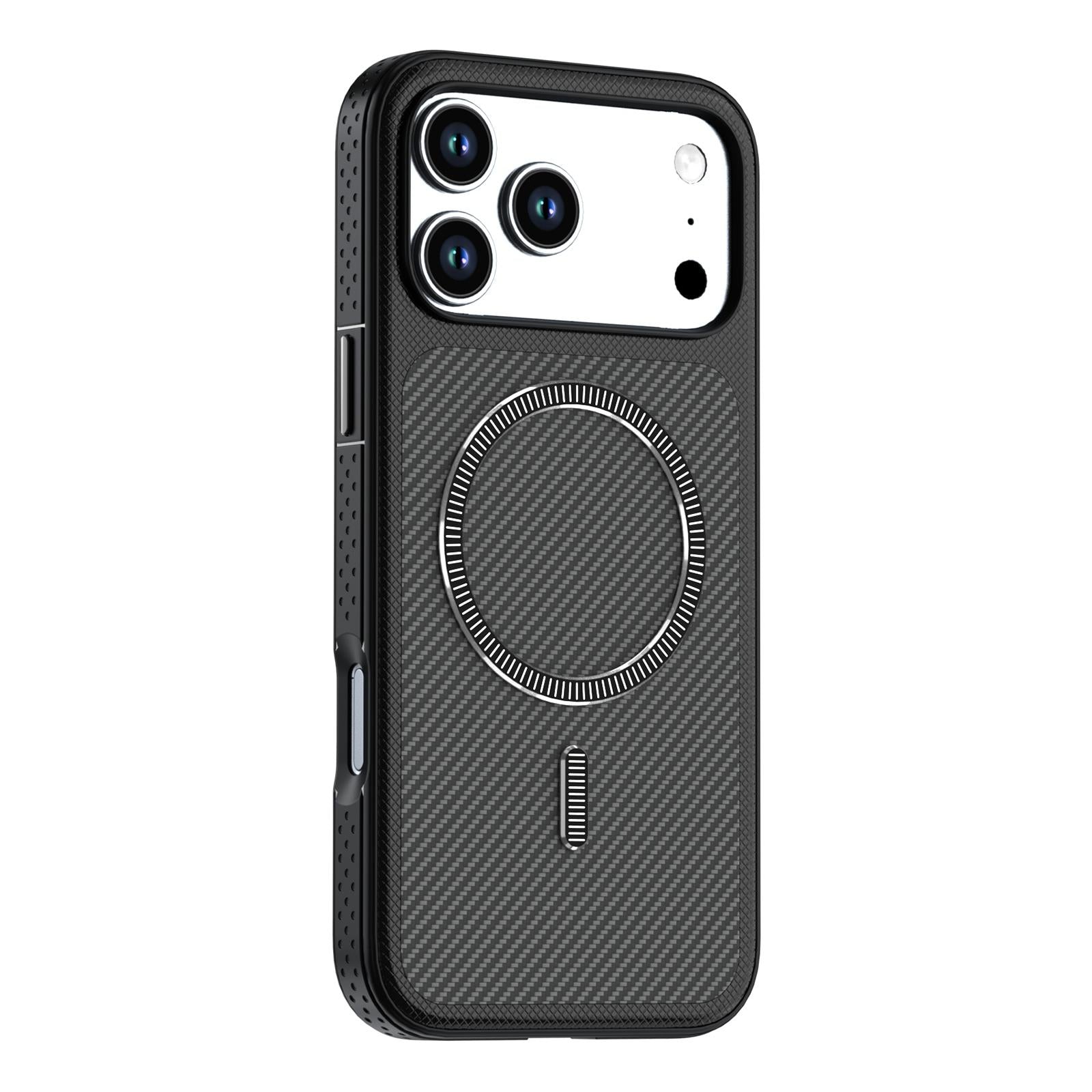 Compatible with iPhone 18 Pro Carbon Fiber Texture Vegan Leather Magnetic Phone Case - Black