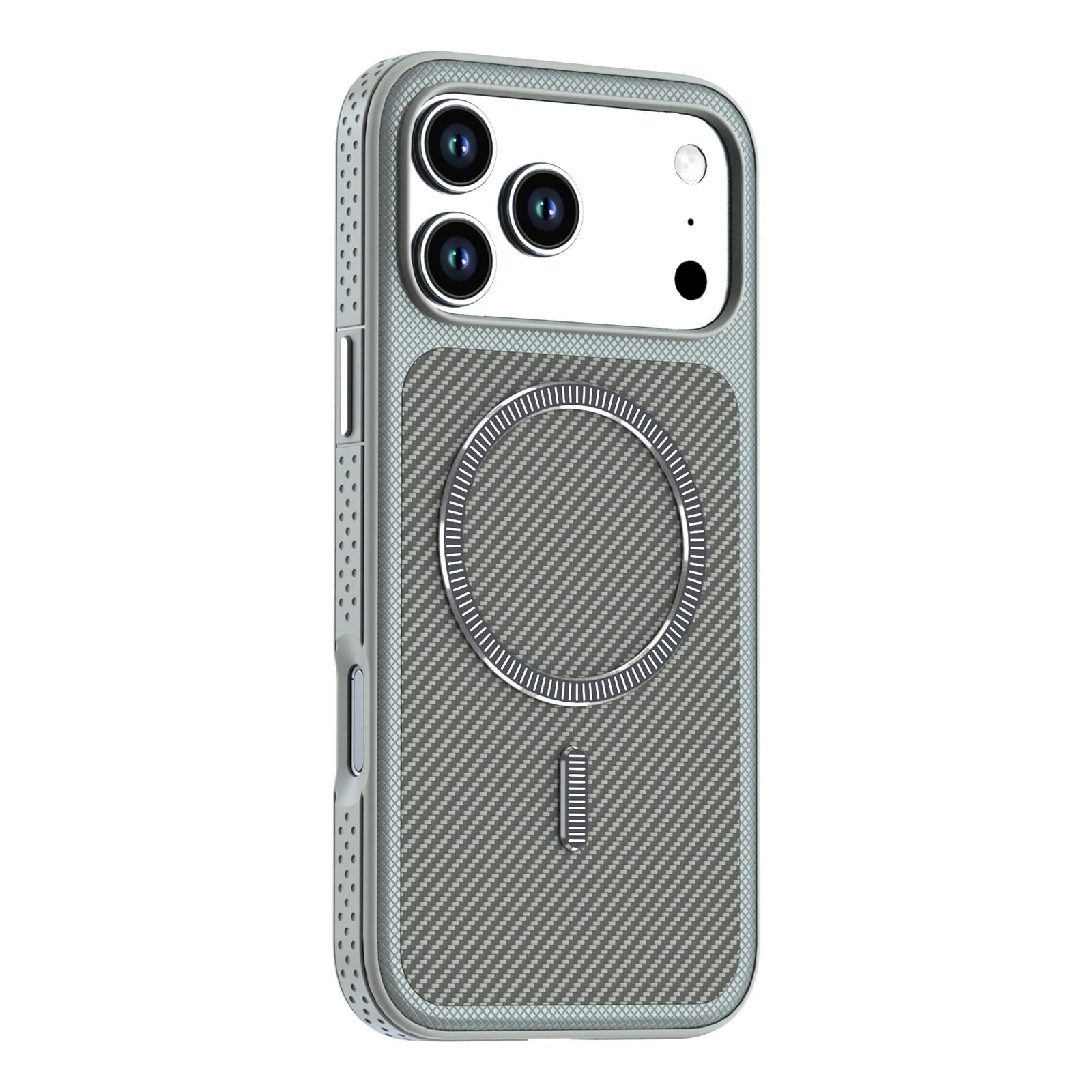 Compatible with iPhone 18 Pro Carbon Fiber Texture Vegan Leather Magnetic Phone Case - Grey