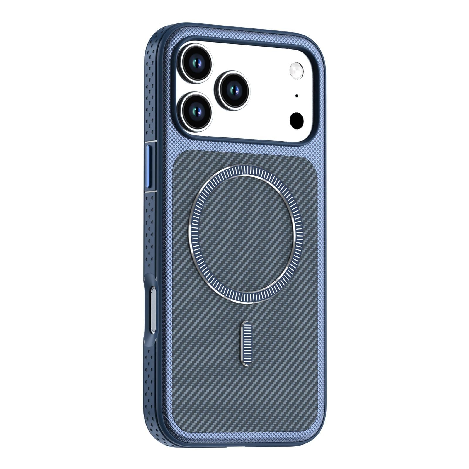 Compatible with iPhone 18 Pro Carbon Fiber Texture Vegan Leather Magnetic Phone Case - Blue