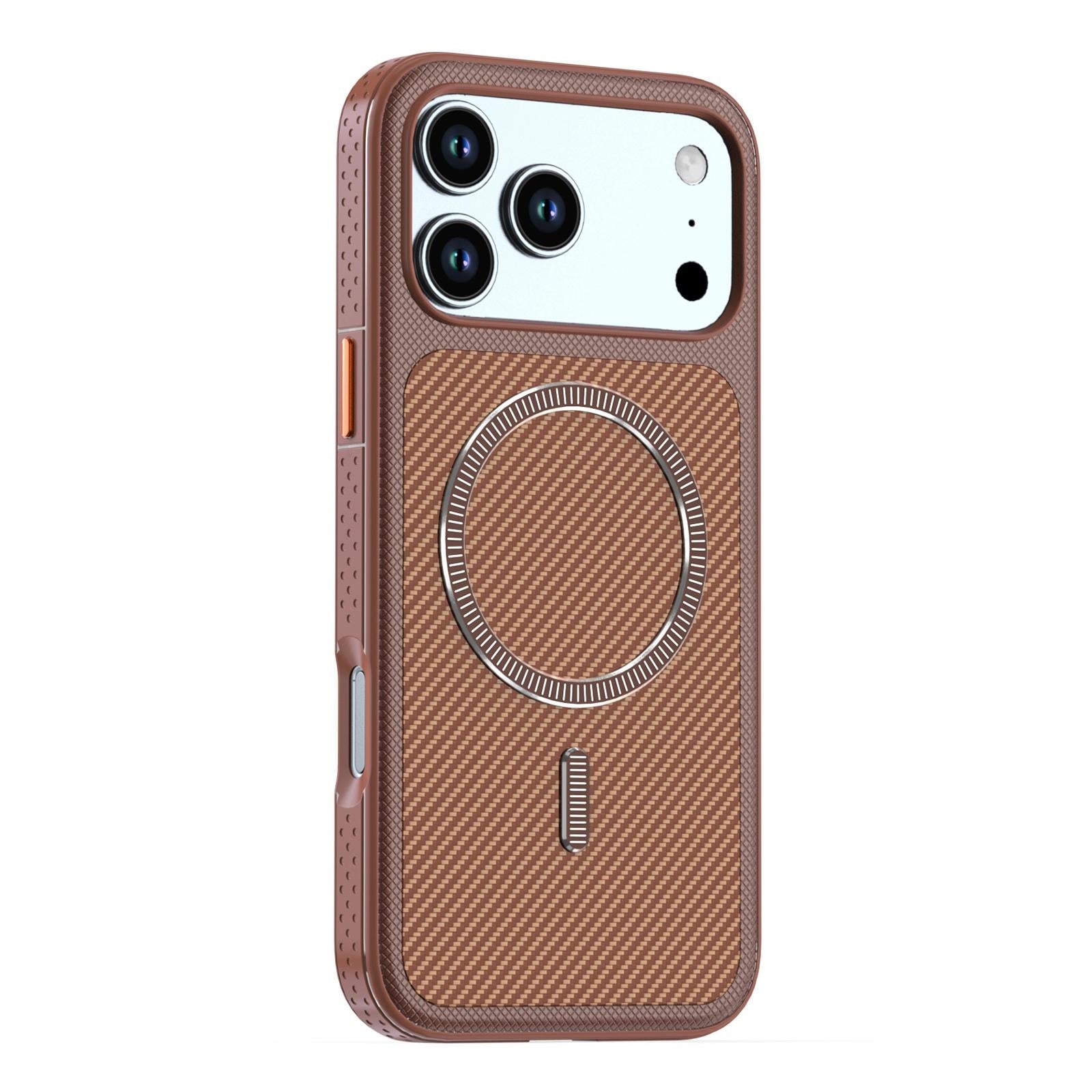 Compatible with iPhone 18 Pro Carbon Fiber Texture Vegan Leather Magnetic Phone Case - Brown