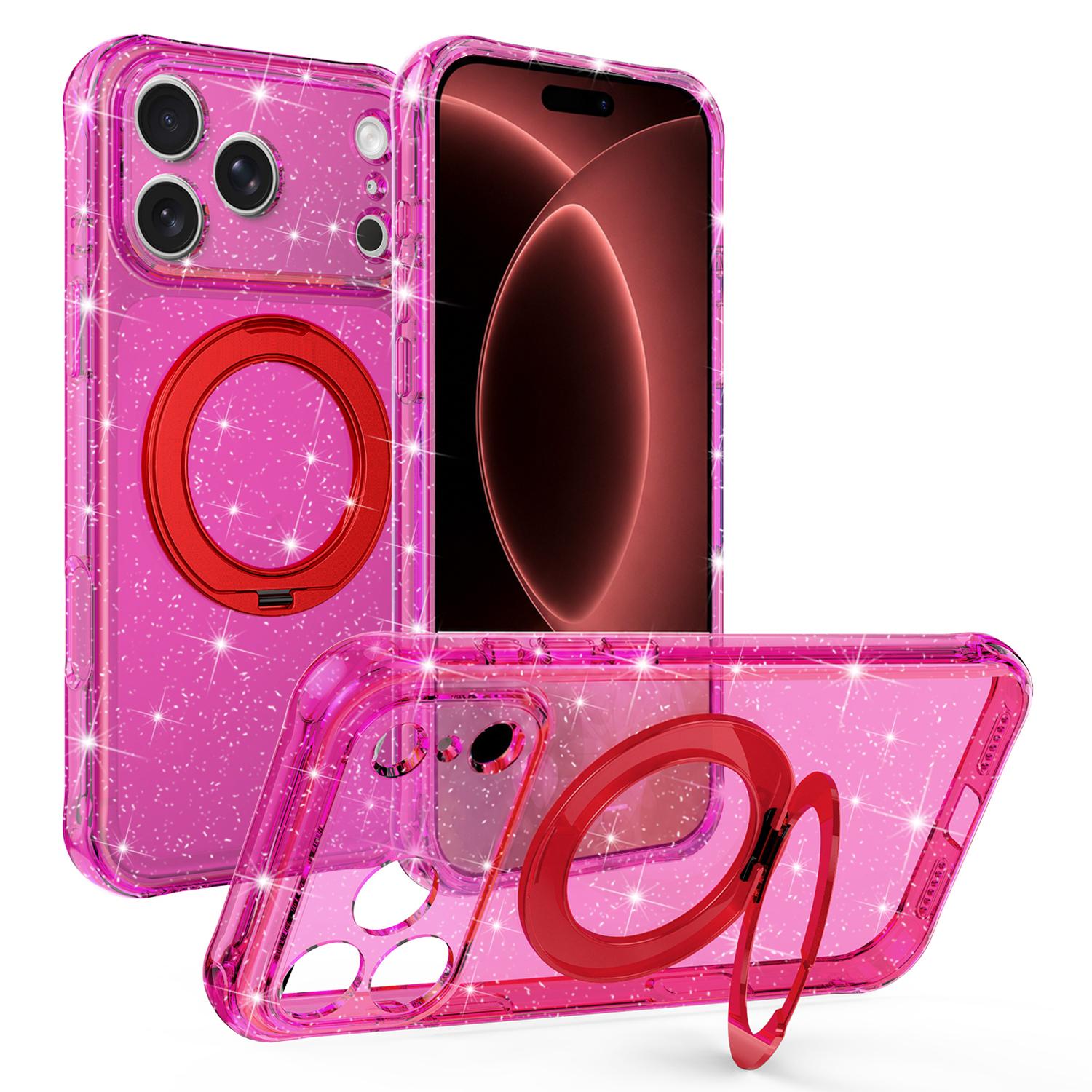 Compatible with iPhone 18 Pro Glitter 360 Rotation Magnetic Holder Phone Case - Rose Red
