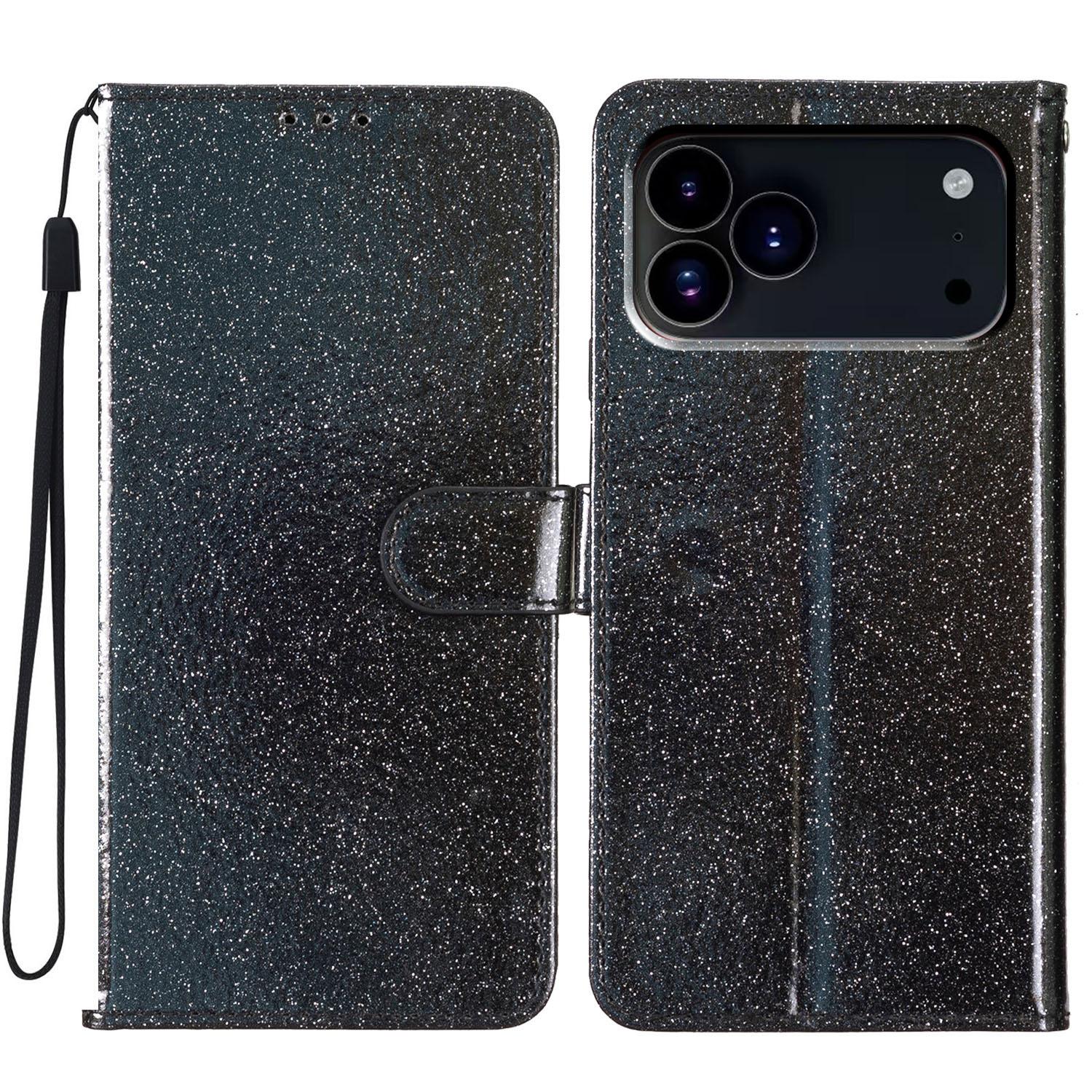 Compatible with iPhone 18 Pro Glitter Powder Flip Leather Phone Case - Black