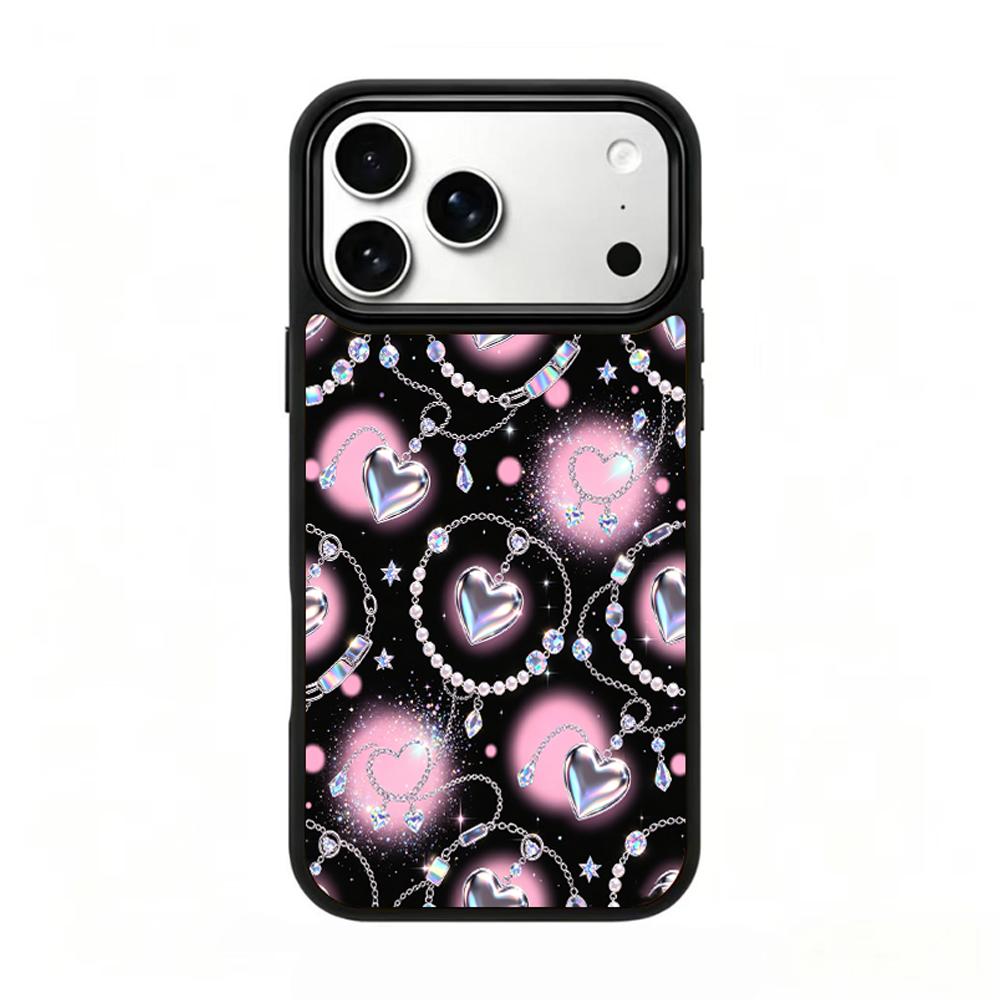 Compatible with iPhone 18 Pro & 17 Pro Colorful Painting PC Silicone Magnetic Phone Case - Soft Pink Pearlescent Chain Heart Pattern